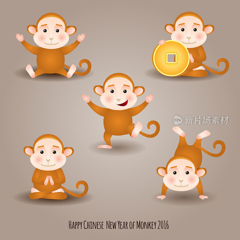 Oriental Happy Chinese New Year 2016 Year of Monkey set of jumping, happy, sitting cartoon monkey Vector Design